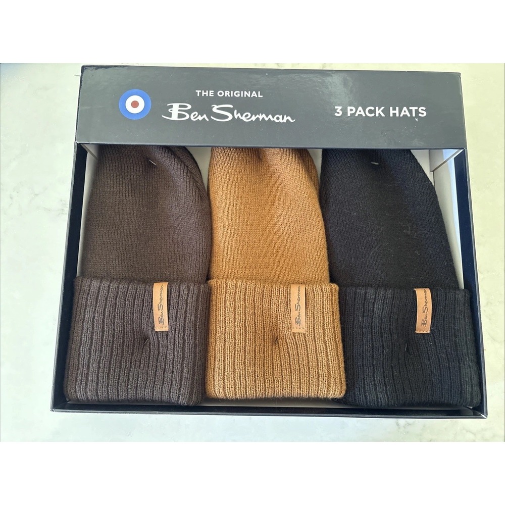 Ben Sherman Beanie Winter Hat Cap Cuffed 3-Pack Brown Tan Black Gift Box Set